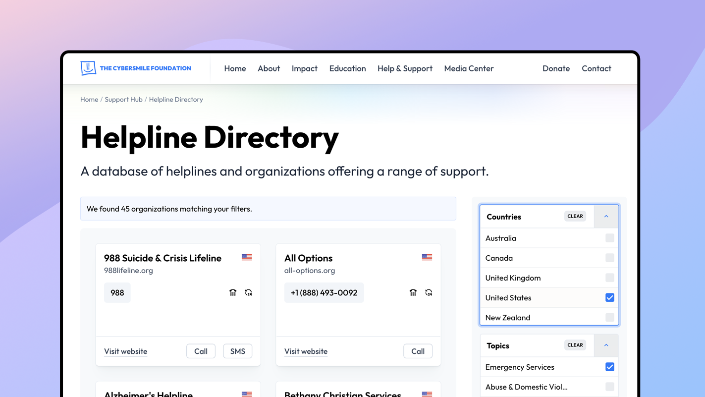 Cybersmile New Website Announcement Helplines